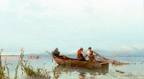 Joseph Wopfner - Landscape at lake Chiem with fisher men