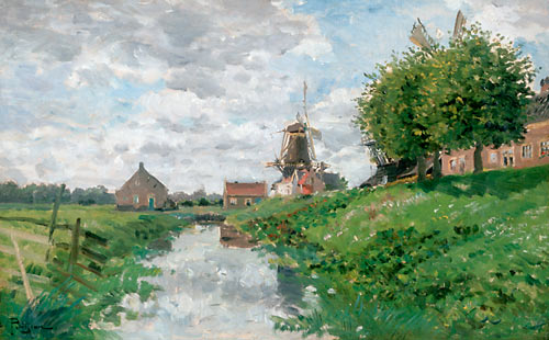 Edmond Marie Petitjean - Landscape with canal and windmill