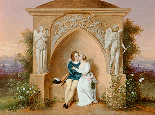 Moritz von Schwind - Lovers in a stone bower in a park