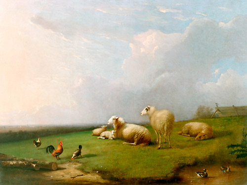Joseph van Severdonck - Meadow scene with sheep, chickens and ducks