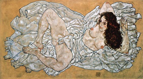 Egon Schiele - Naked woman, lying on a cloth. 1917.