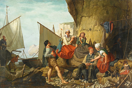 Französischer Maler - Norman fishermams family at the beach with chalk cliffs