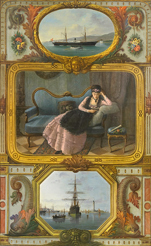 Deutscher Maler - Painting as a decoration with ships and a young lady reading 