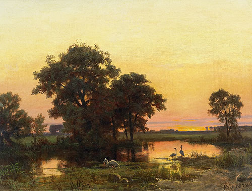 Albert Bierstadt - River landscape and herons in the afterglow