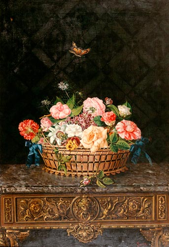 Miguel Parra - Roses, carnations,lilac and viola in a basket