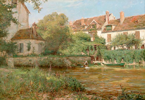 Karl Cartier - Scene in the suburb with woman doing the laundry at a river