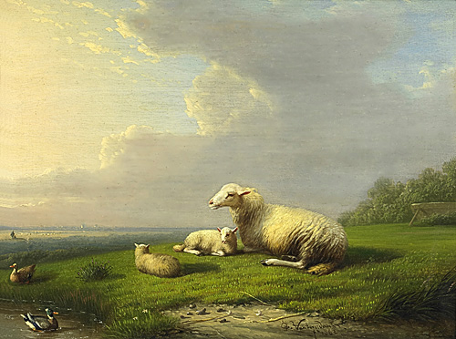 Frans van Severdonck - sheep and ducks at a lake