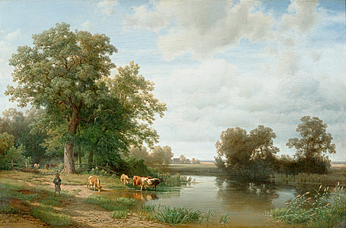 Johann (Hans) Beckmann - shepherd with cow herd at riverbank under old oaktrees