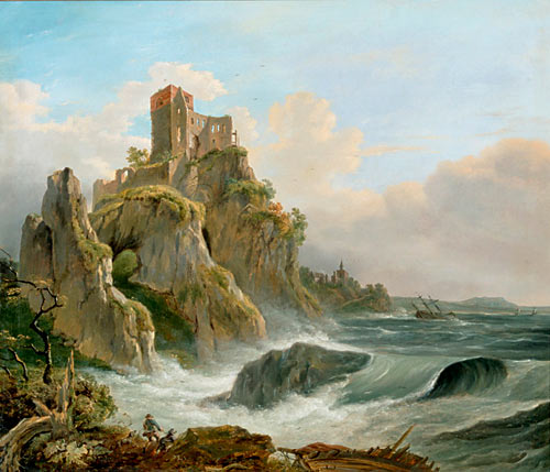 Joseph Carl Cogels - Steep coast with castle at a stormy day