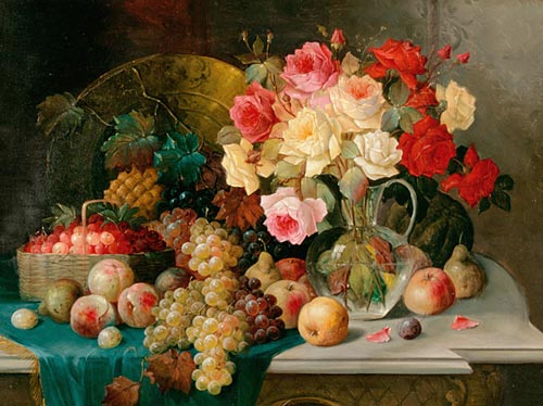 Konstantin Stoitzner - Still life with a bunch of roses and numerous of fruits