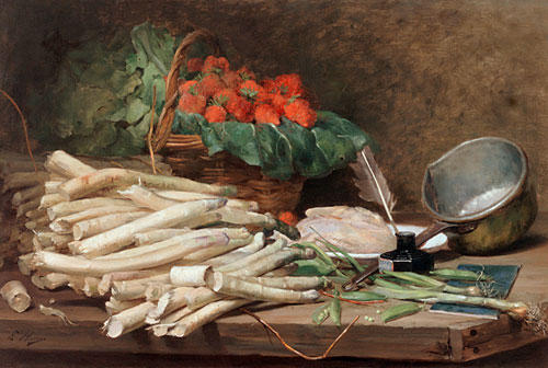 Ernest-Victor Hareux - Still life with asparagus and strawberries