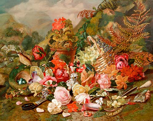 Elisabeth Modell - Still life with flowers and a thrush nest