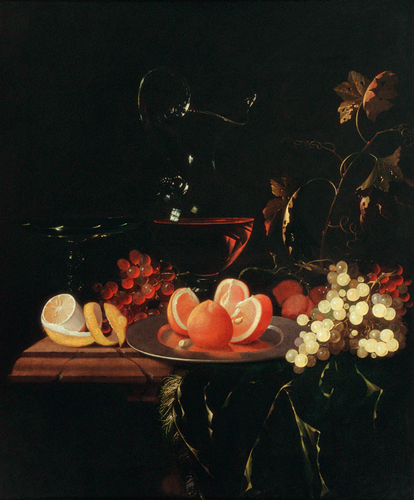 Johann Georg Hinz (Hainz) - Still life with fruits and wine decanter
