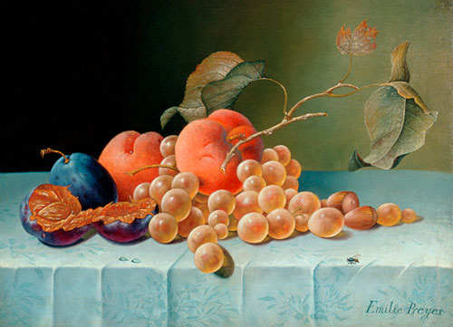 Emilie Preyer - Still life with plums, grapes, peaches and cobnuts