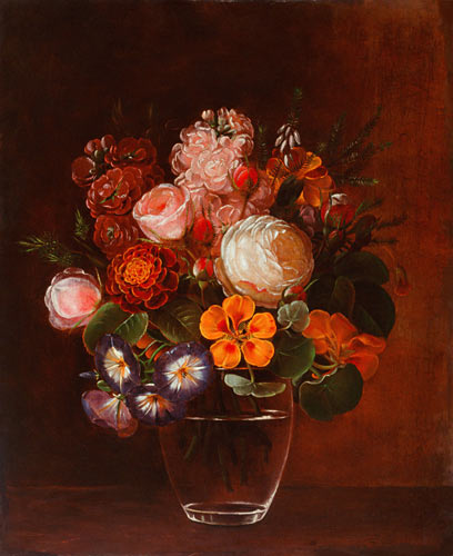 Johan Laurentz Jensen - Still life with roses, winding, cress and Erica in a glass vase