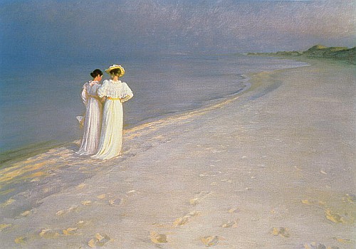 Peder Severin Kroyer - Summer Evening on the Skagen Southern Beach with Anna Ancher and Marie Kroyer   
