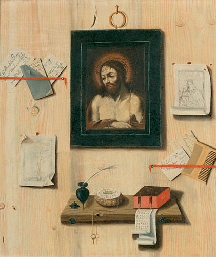 Andrea Domenico Remps - Trompe-l´oeil-still life with an image of Christ, documents and symbolic object
