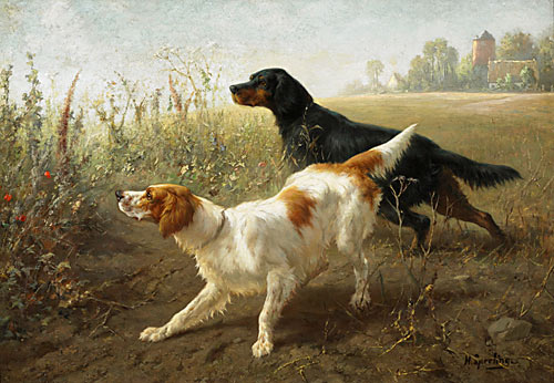 Heinrich Sperling - Two setter in front of chickens