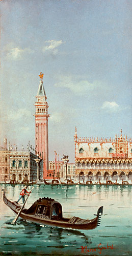 Carlo (Marco) Grubas - Venice-Gondolas in front of the Palazzo Cucale and Campanile