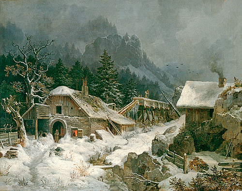 Heinrich Bürkel - Winter evening with smithy in the mountains