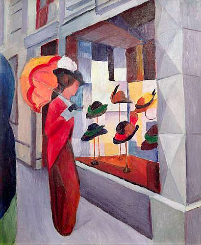 August Macke - Woman with a parasol in front of a hat shop