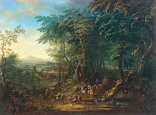 Johann Jacob Hartmann - Wooded landscape with travellers