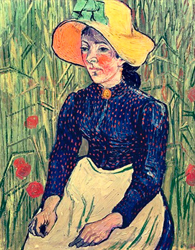Vincent van Gogh - Young Peasant Girl in a Straw Hat sitting in front of a wheatfield