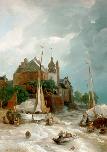 Andreas Achenbach - A city with old tower and rampart