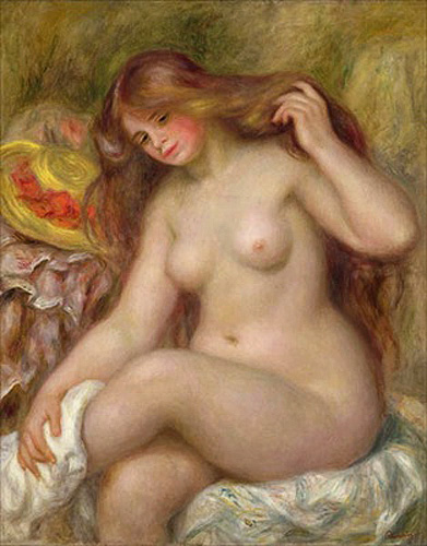 Pierre-Auguste Renoir - After taking a shower. Young girl with long blonde hair