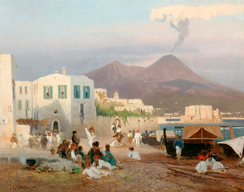 Franz Richard Unterberger - Beach scene in an artitstharbour near Neapel
