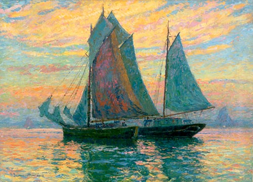 Georg Burmester - Evening sky over silent coast waters with fisher boat