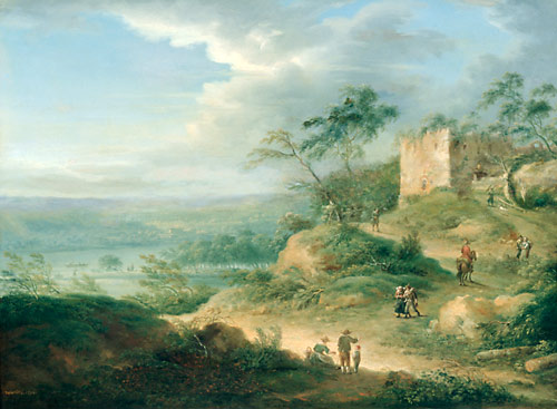 Johann Christian Vollerdt - Farmers and hiker in a landscape with a river