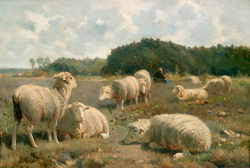 Cornelis van Leemputten - Flock of sheep in summerlike landscape