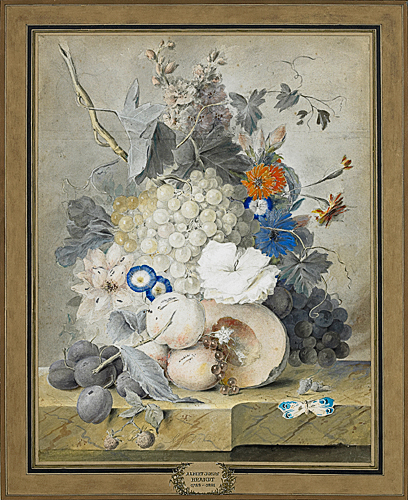 Albertus Jonas Brandt - Flower stillife with fruits and butterfly