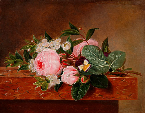 Frederike Wanding - Flowers still life with roses, viola and blooming branches