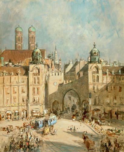 Order painting 'Goings in the Old Town of Munich' by Paul Thiem