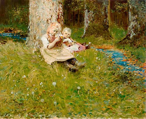 Robert Sterl - Hessian farmer girls with bouquets at the meadows edge