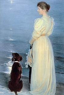 Peder Severin Kroyer - Summer Evening at Skagen, Marie Kroyer with a Dog on the beach