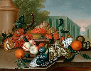 holländ. Stillebenmaler - Fruit still life in a landscape of park