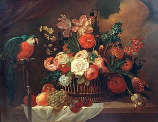 ital. Stillebenmaler - Flowers and fruit still life with parrot