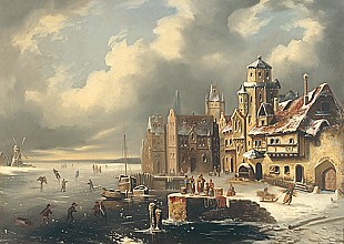 Elias van Bommel - Ice skating on a frozen river near a dutch coast city
