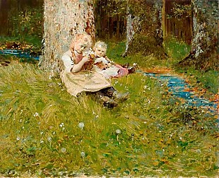 Robert Sterl - Hessian farmer girls with bouquets at the meadows edge