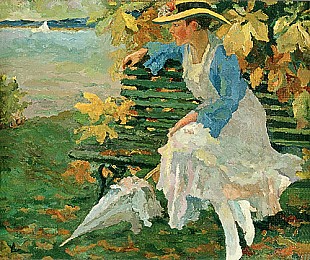 Edward Cucuel - Lady on a park bench at a lake