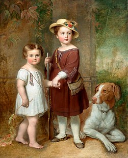 Franz Xaver Winterhalter - Two girls and a dog in the evening palace gardens