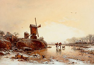 Eduard Hildebrandt - Ice runner on the frozen river at the windmill