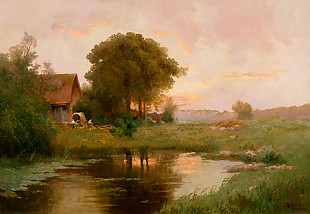 Ernst Meissner - Meadow landscape at the farm in the evening