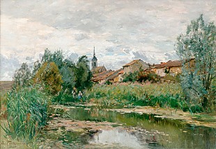 Edmond Marie Petitjean - Fisher at a lake at a village
