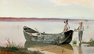Hermann Kauffmann d.Ä. - Landscape at Lake Chiem with lads at a rowboat