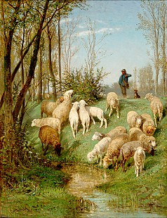 Albert Brendel - Shepherd with flock at a riverbank