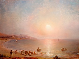 Hermine Gudin - Evening sea bay with fishermen while hauling inboard the net